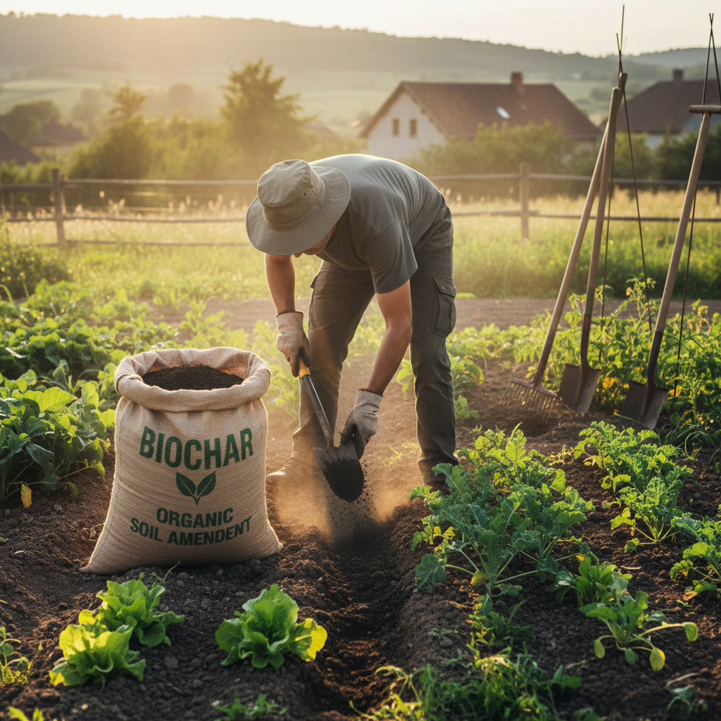 Incorporation de biochar organique dans le sol d'un potager, campagne française