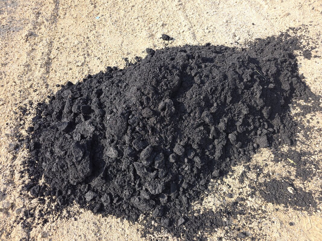 Biochar brut : on distingue la texture fine et poreuse du carbone végétal